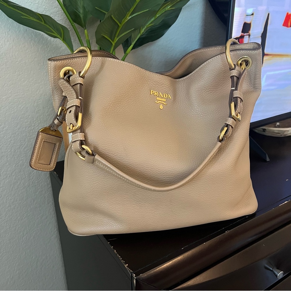 PRADA Beige Leather Hobo Shoulder Bag
